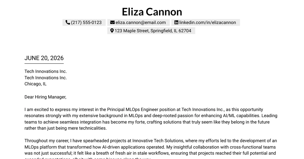 30+ Principal MLOps Engineer Cover Letter Templates with Example 2026
