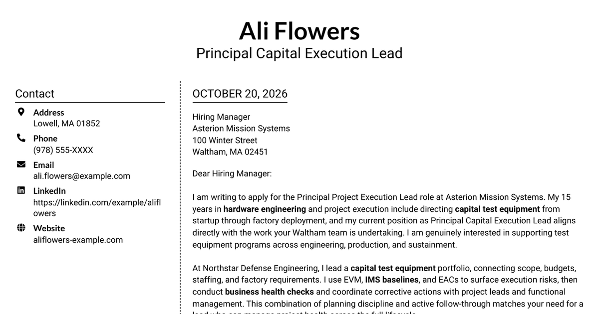 7 Principal Project Execution Lead - Test Equipment Capital Execution Cover Letter Templates with Example