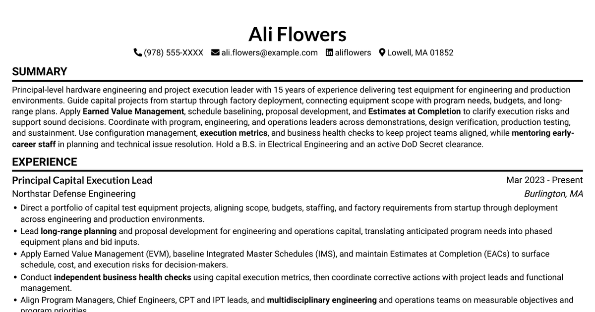 7 Principal Project Execution Lead - Test Equipment Capital Execution Resume Templates with Example