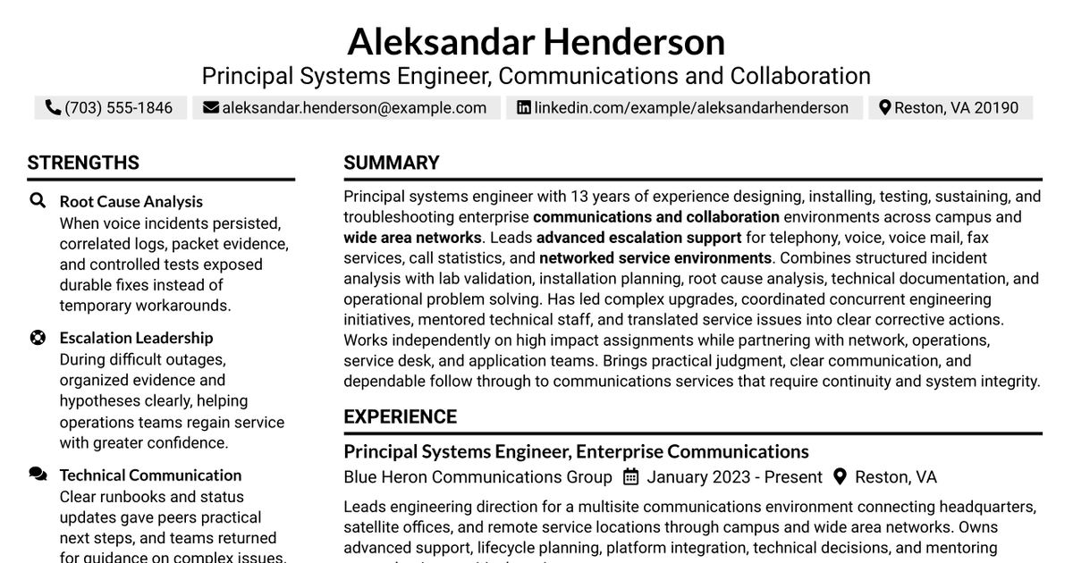 7 Principal Systems Engineer - Communications and Collaboration Resume Templates with Example