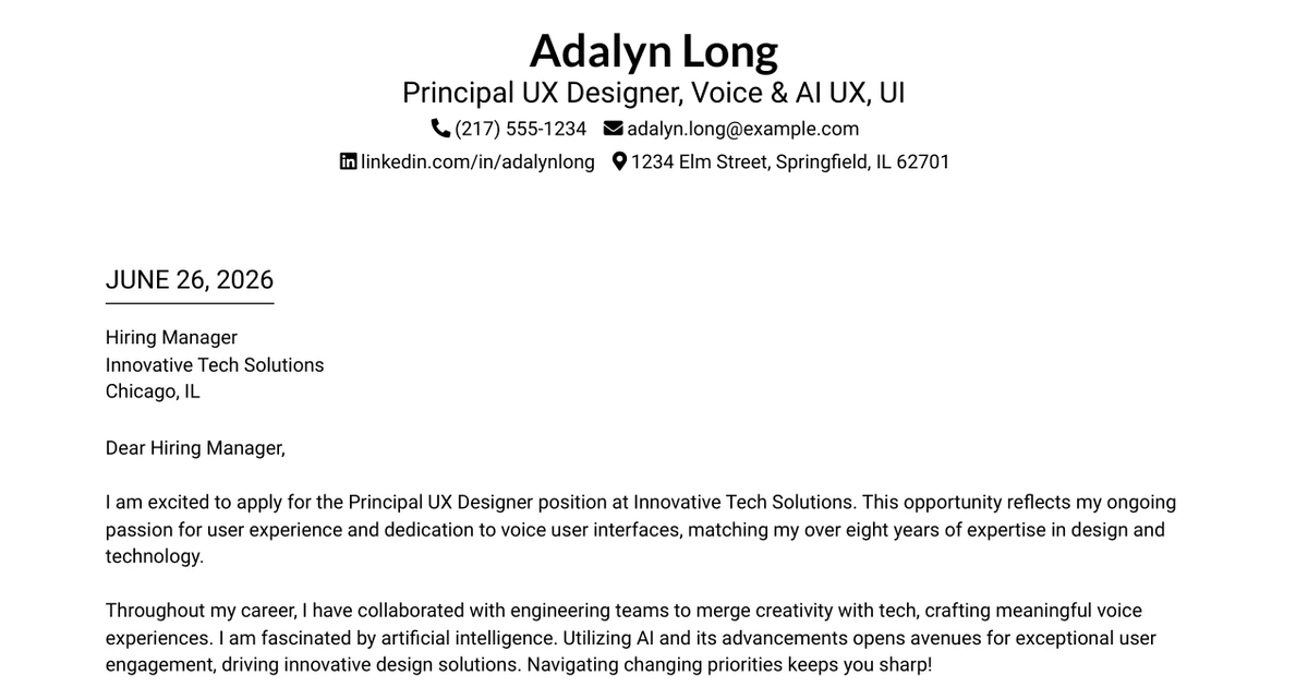 30+ Principal UX Designer, Voice & AI UX, UI Cover Letter Templates with Example 2026