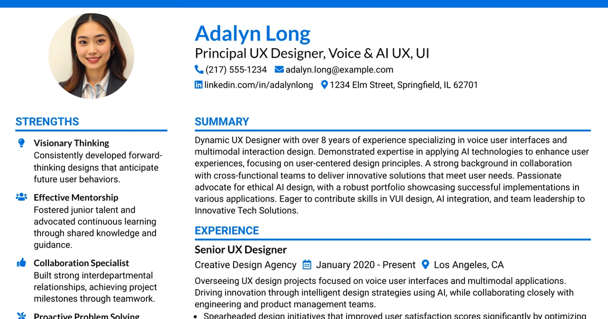 33 Principal UX Designer, Voice & AI UX, UI Resume Templates with Example 2026 (ATS-Optimized)