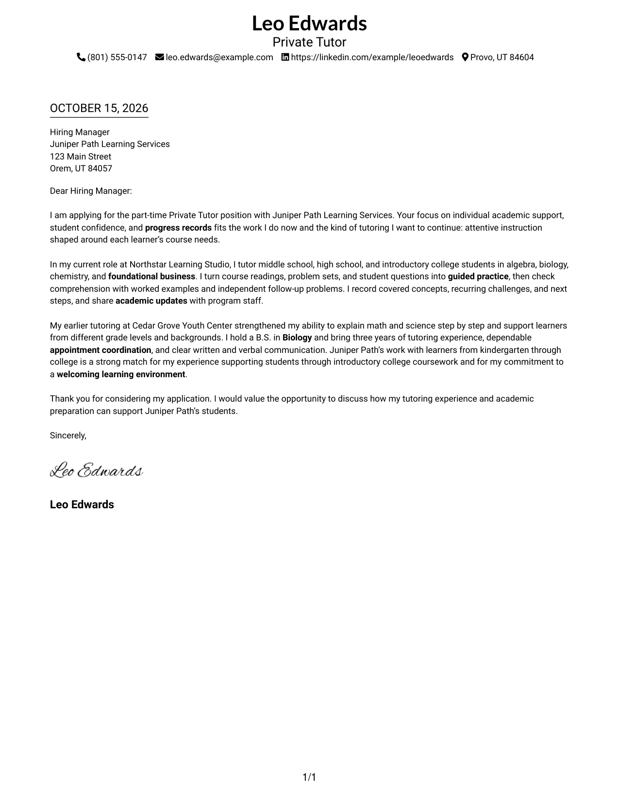 Cover letter example — page 1