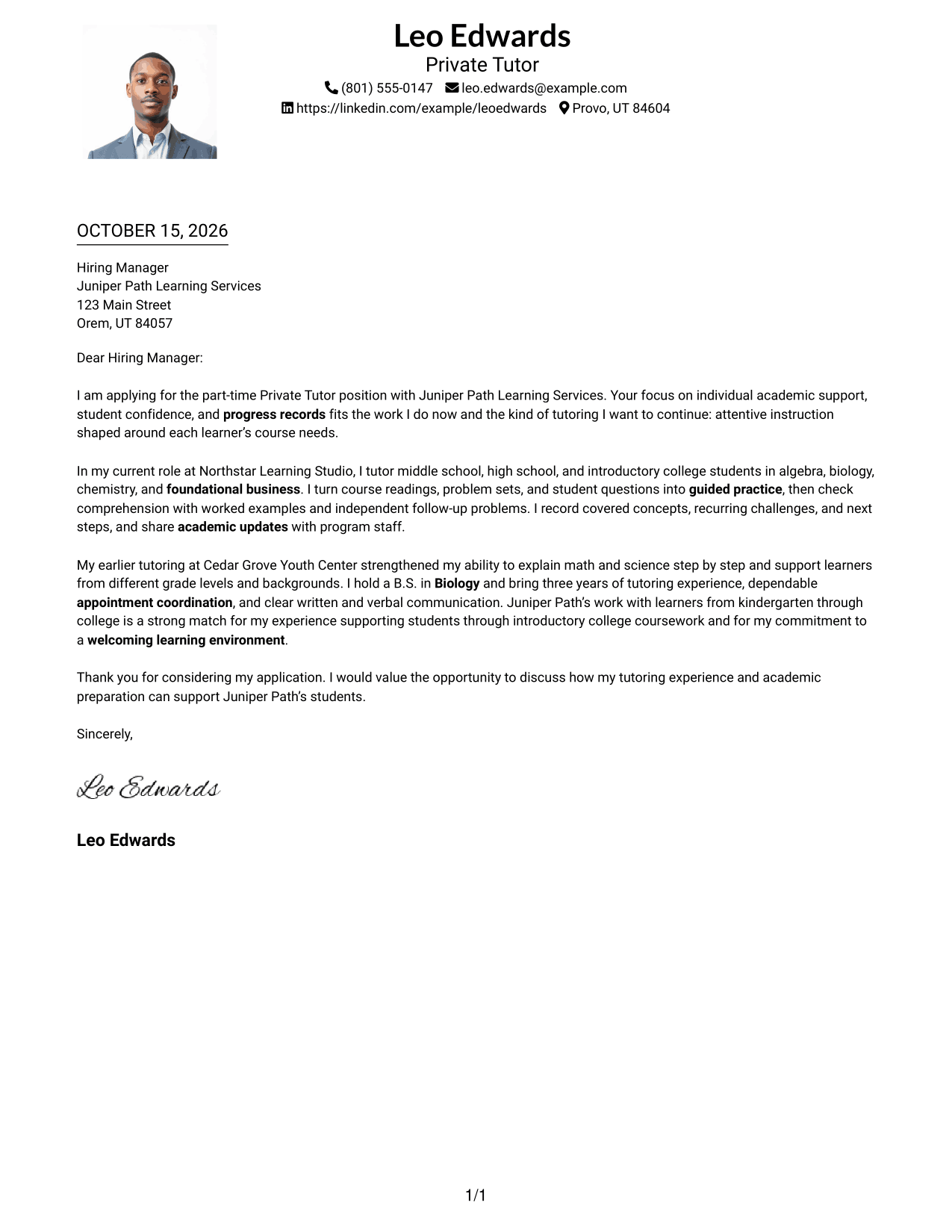 Cover letter example — page 1