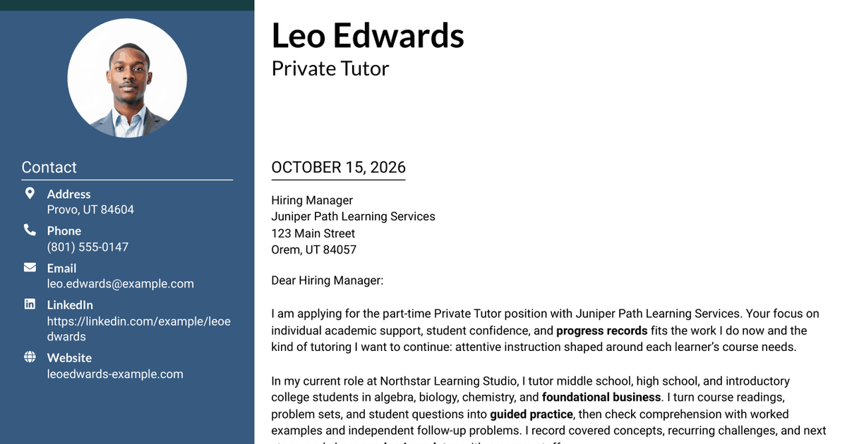 7 Private Tutor - K-16 Academic Support Cover Letter Templates with Example