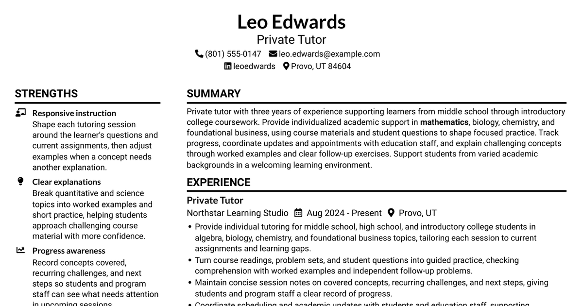 7 Private Tutor - K-16 Academic Support Resume Templates with Example