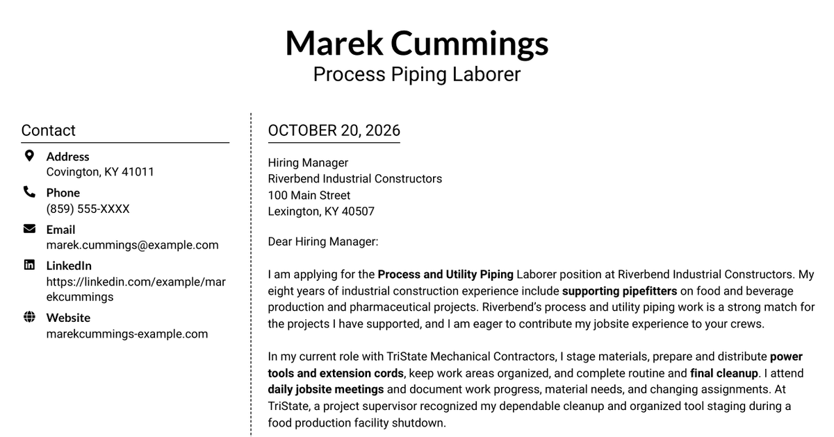 7 Process and Utility Piping Laborer Cover Letter Templates with Example