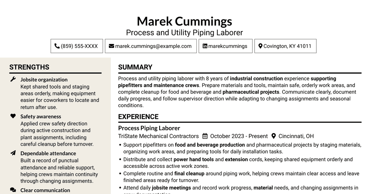 7 Process and Utility Piping Laborer Resume Templates with Example