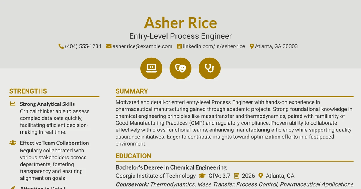 33 Process Engineer – Entry Level Resume Templates with Example 2026 (ATS-Optimized)
