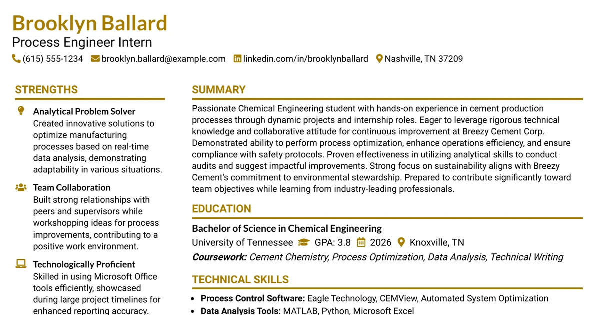 33 Process Engineer Intern Resume Templates with Example 2026 (ATS-Optimized)
