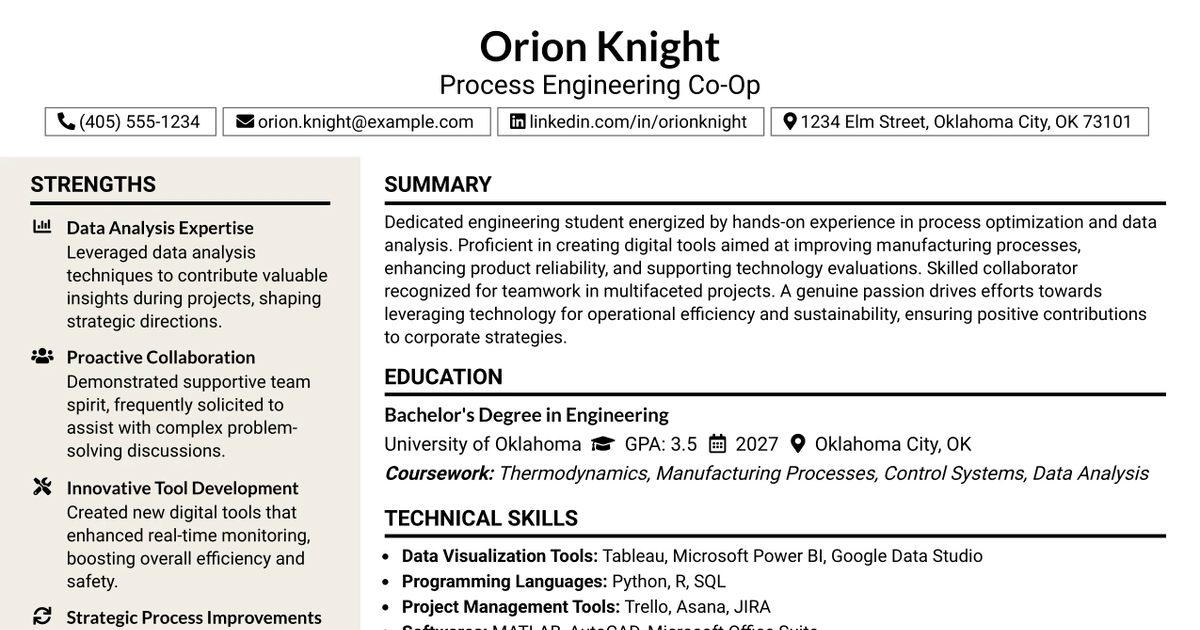 33 Process Engineering Co-Op Resume Templates with Example 2026 (ATS-Optimized)