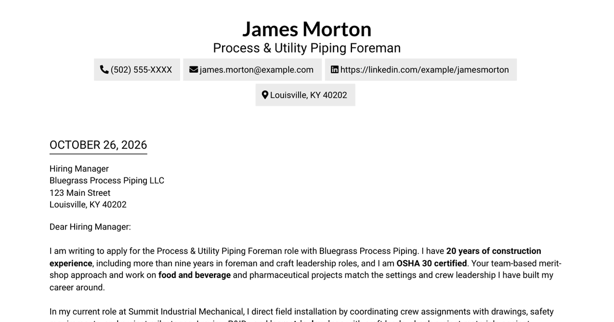 Process & Utility Piping Foreman Cover Letter