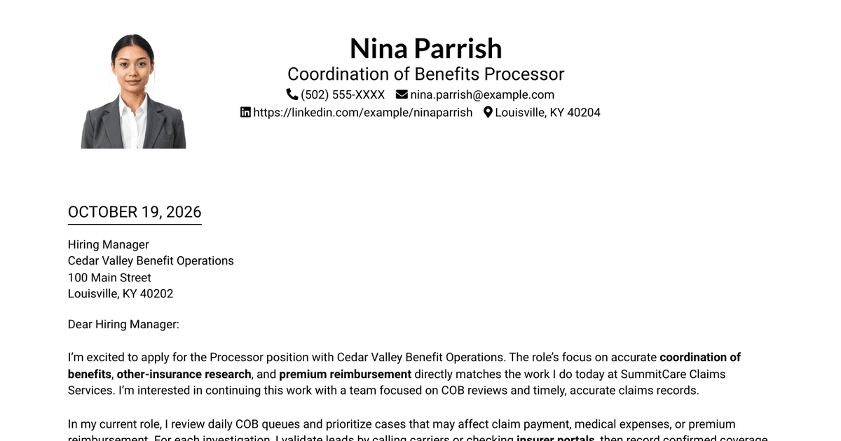 7 Processor - Coordination of Benefits Cover Letter Templates with Example