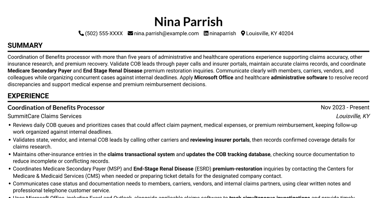 7 Processor - Coordination of Benefits Resume Templates with Example