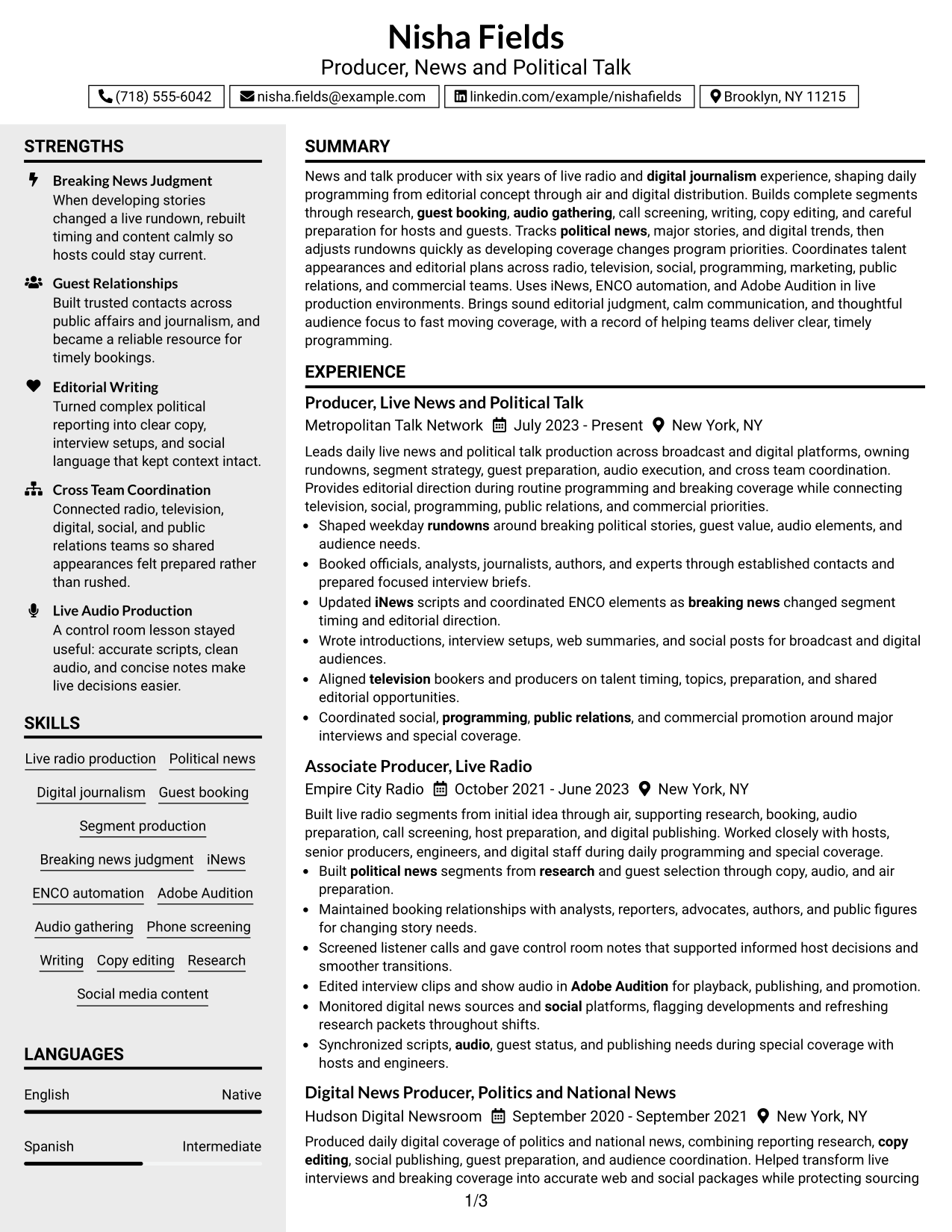 Resume Example Page 1