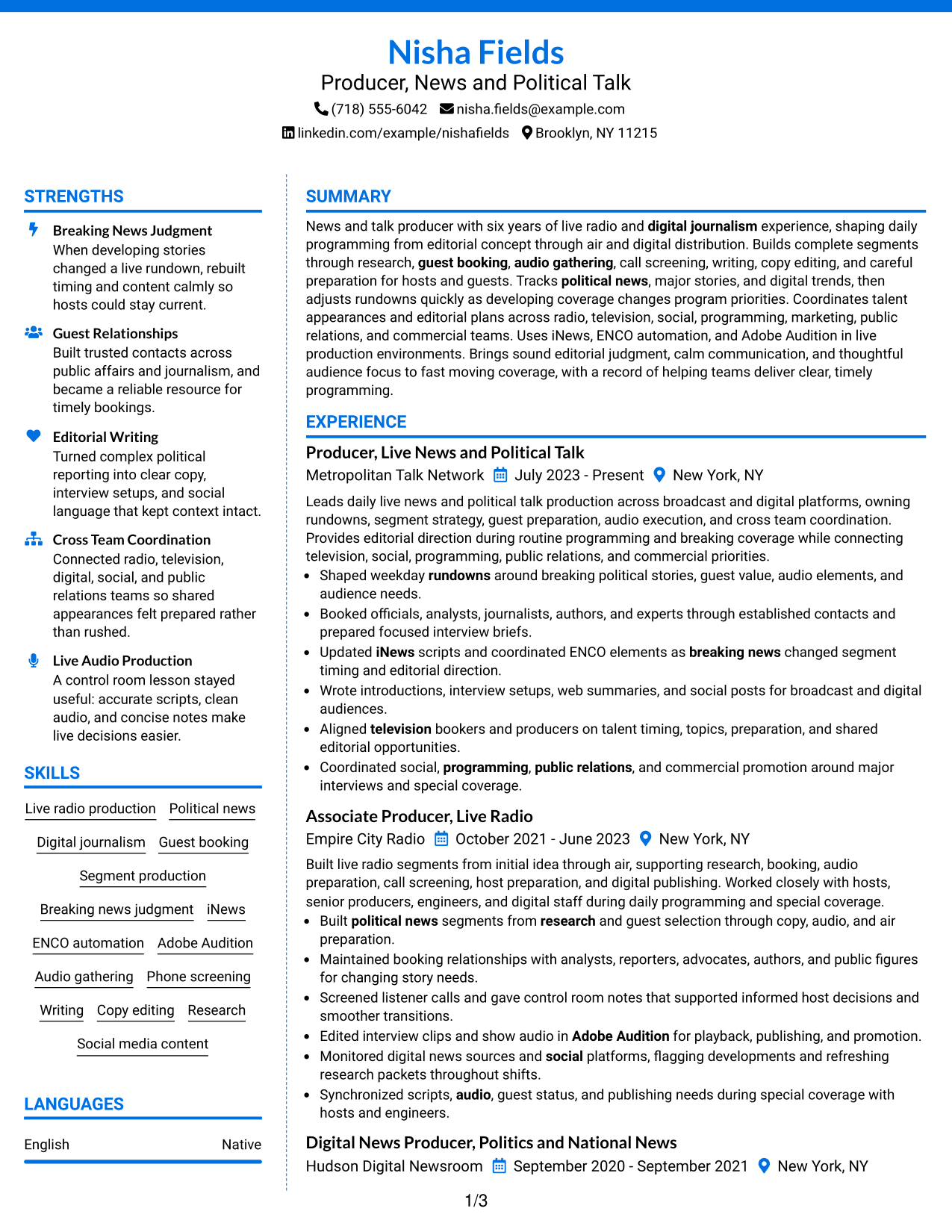 Resume Example Page 1