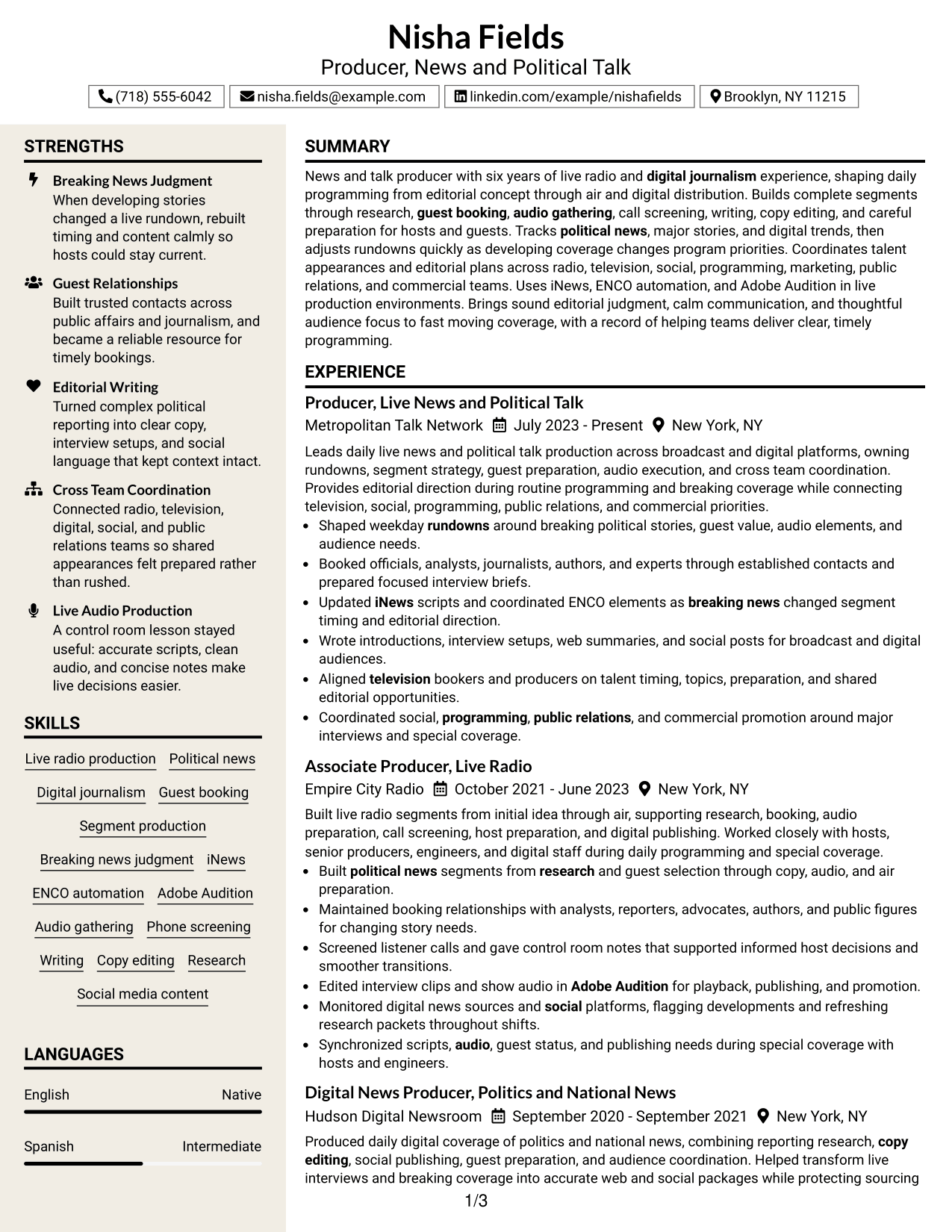 Resume Example Page 1
