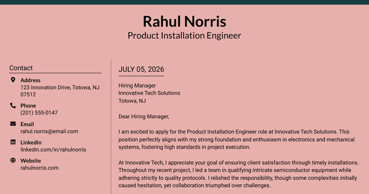 30+ Product Installation Engineer Cover Letter Templates with Example 2026