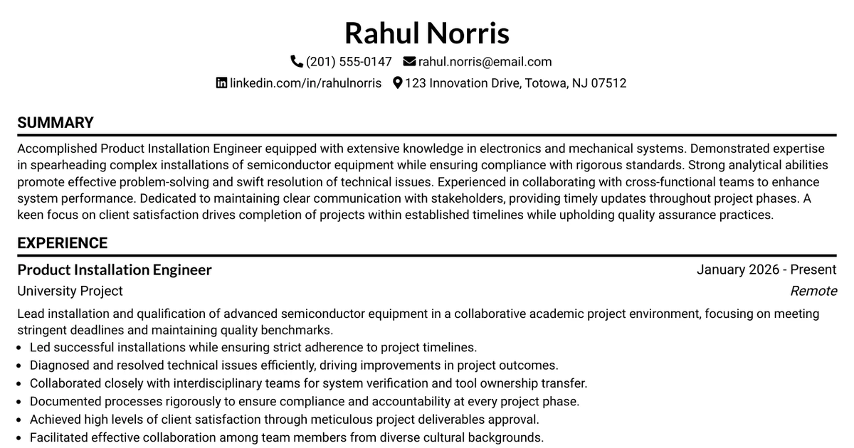 33 Product Installation Engineer Resume Templates with Example 2026 (ATS-Optimized)