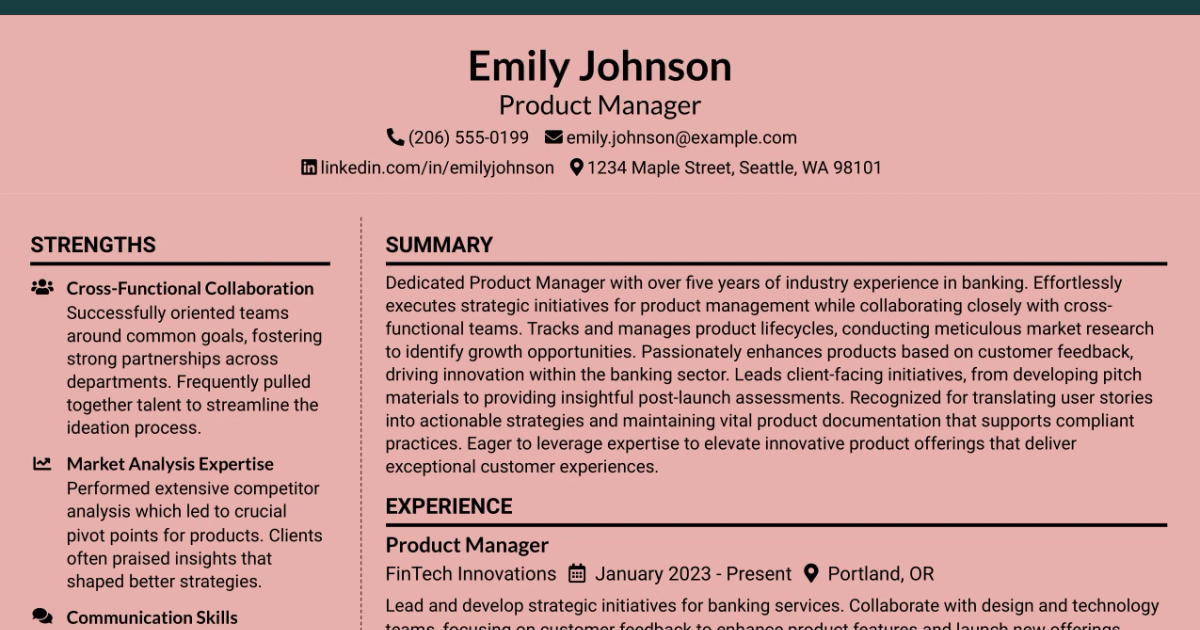 33 Product Manager - Banking Resume Templates with Example 2026 (ATS-Optimized)