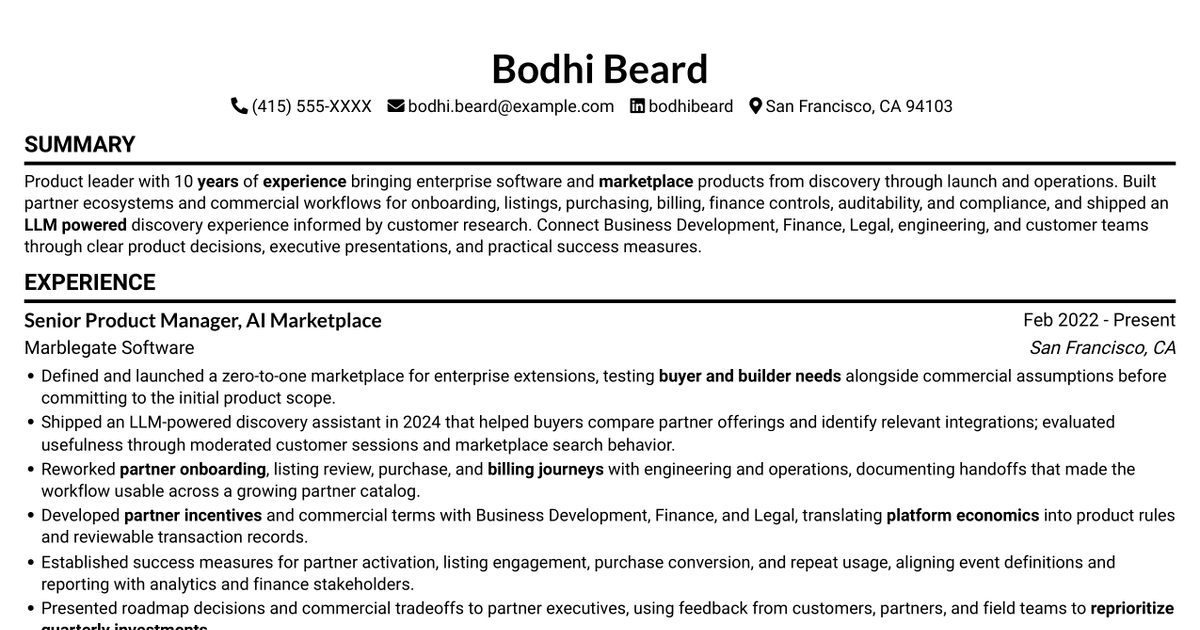 7 Product Manager - Claude Marketplace Resume Templates with Example