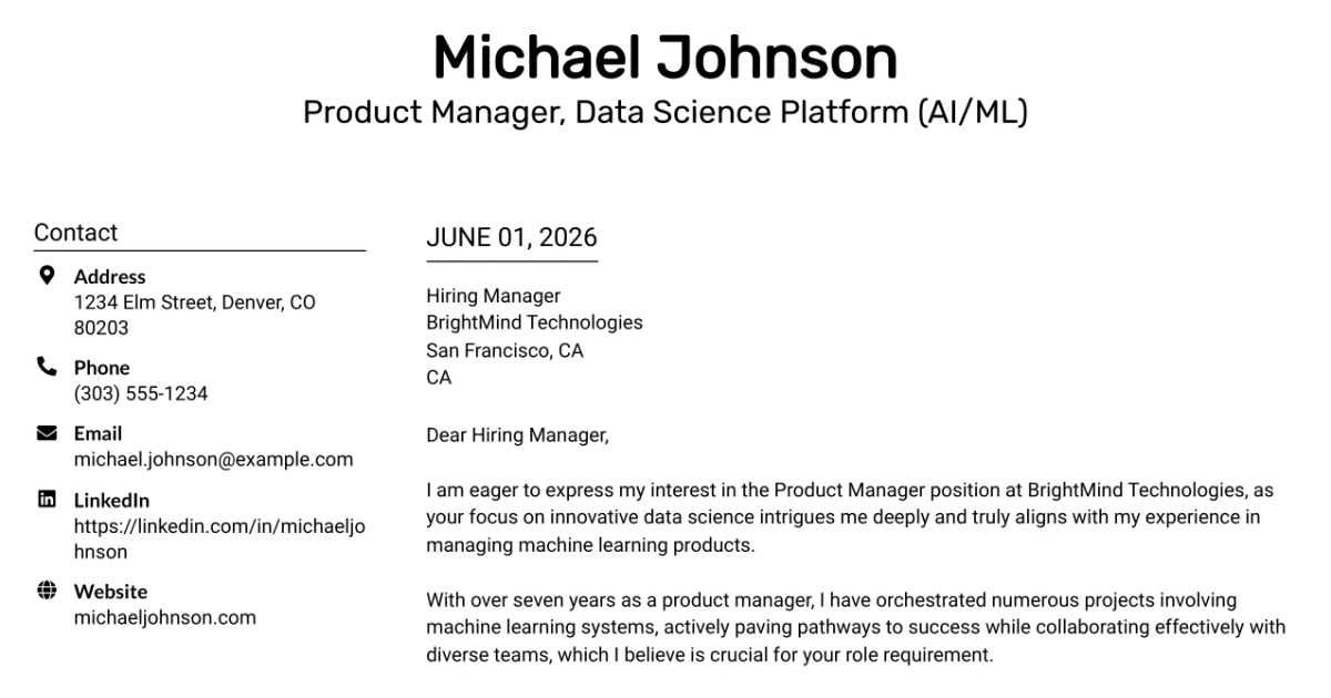 30+ Product Manager, Data Science Platform (AI/ML) Cover Letter Templates with Example 2026
