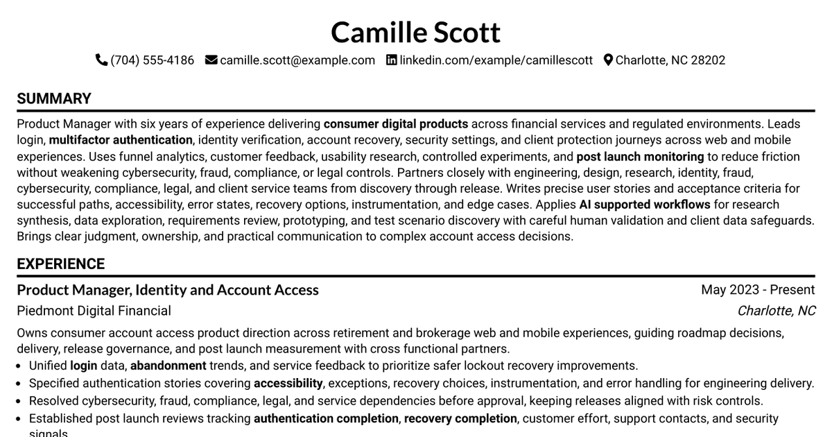 7 Product Manager - Login, Authentication & Client Protection Resume Templates with Example