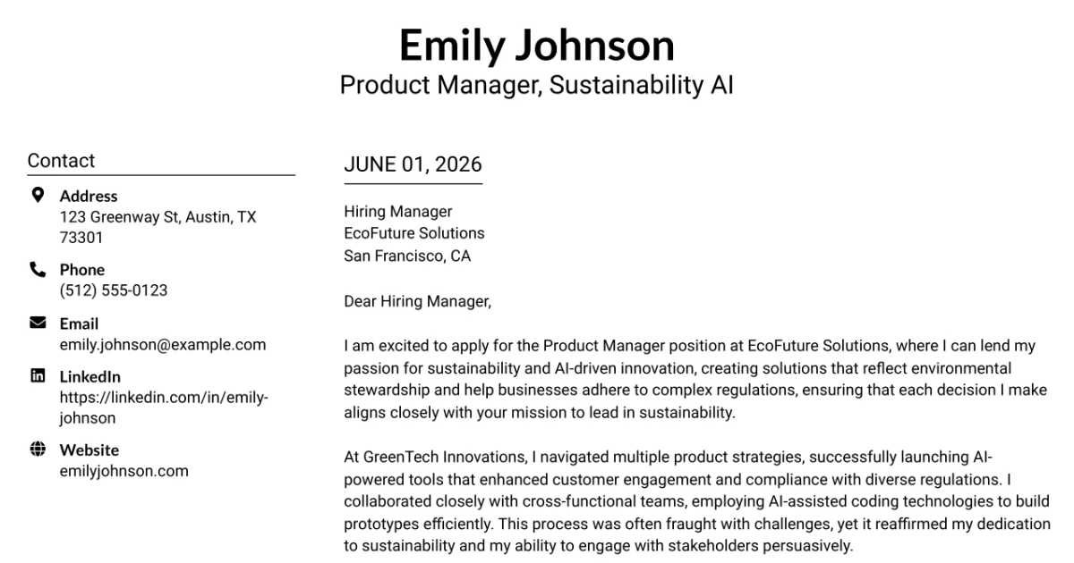 30+ Product Manager, Sustainability AI Cover Letter Templates with Example 2026
