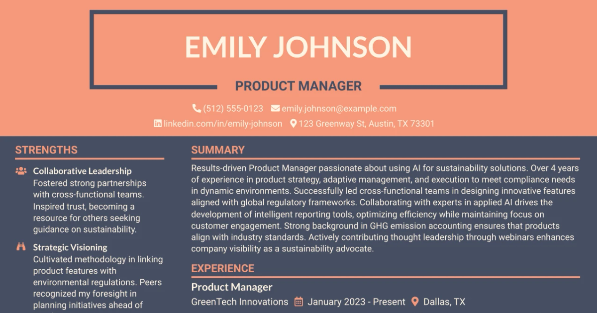 33 Product Manager, Sustainability AI Resume Templates with Example 2026 (ATS-Optimized)