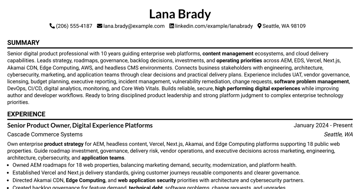 7 Product Owner - Digital Experience Platforms Resume Templates with Example