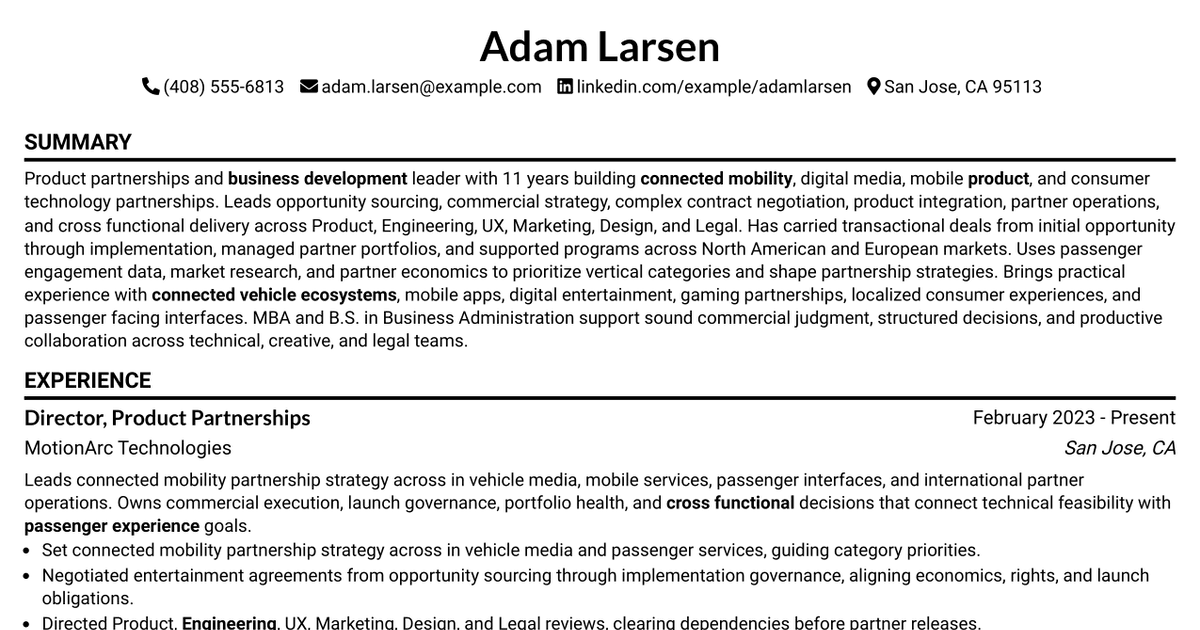 7 Product Partnerships Development Manager - In Car Experience, Media Integrations Resume Templates with Example