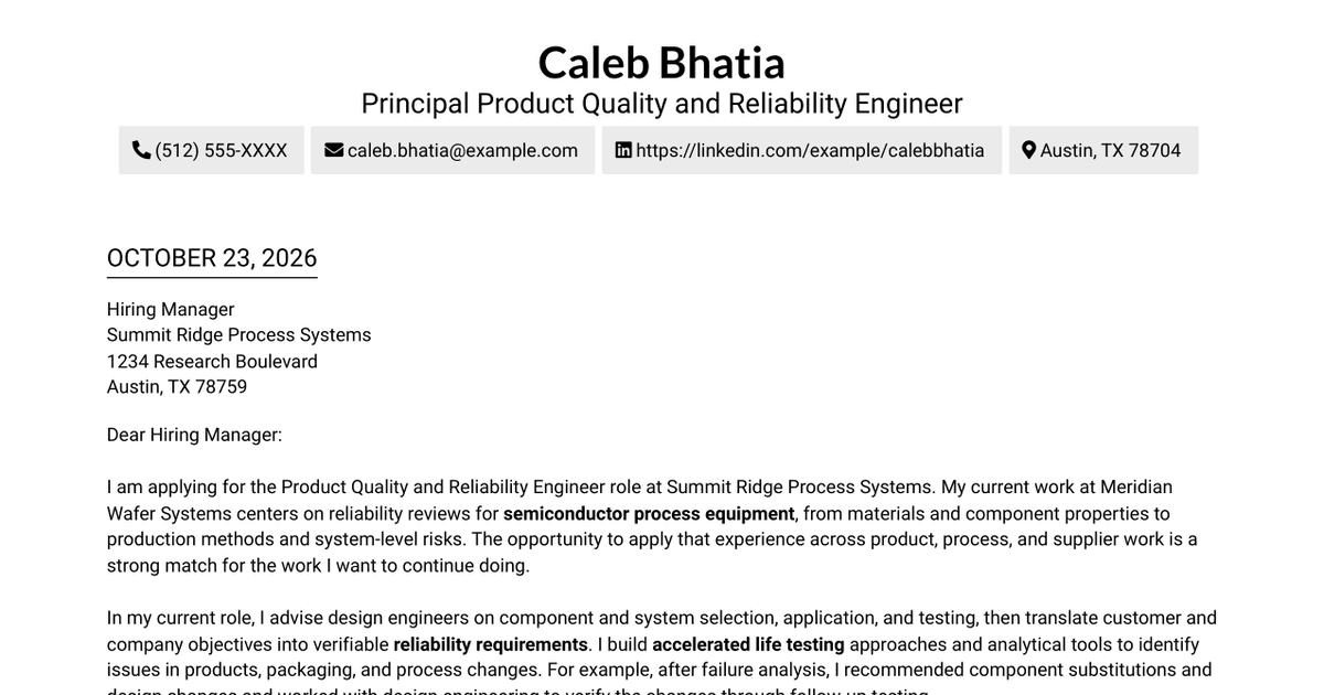 7 Product Quality and Reliability Engineer Semiconductor Equipment Cover Letter Templates with Example