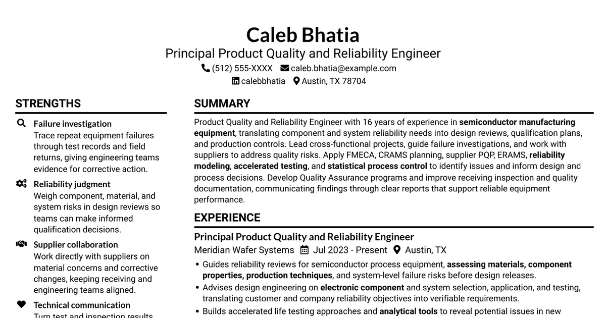 7 Product Quality and Reliability Engineer Semiconductor Equipment Resume Templates with Example