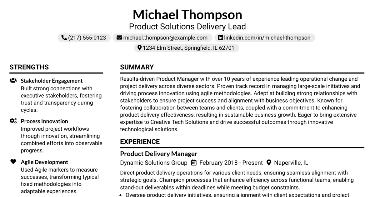 33 Product Solutions Delivery Lead Resume Templates with Example 2026 (ATS-Optimized)