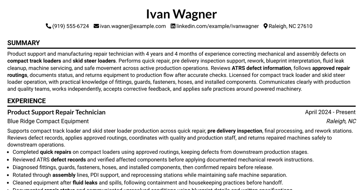 7 Product Support 2 ID - Machine Repair Resume Templates with Example