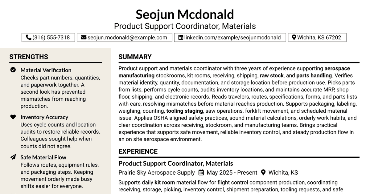 7 Product Support Coordinator B - Materials (Kit Room) Resume Templates with Example