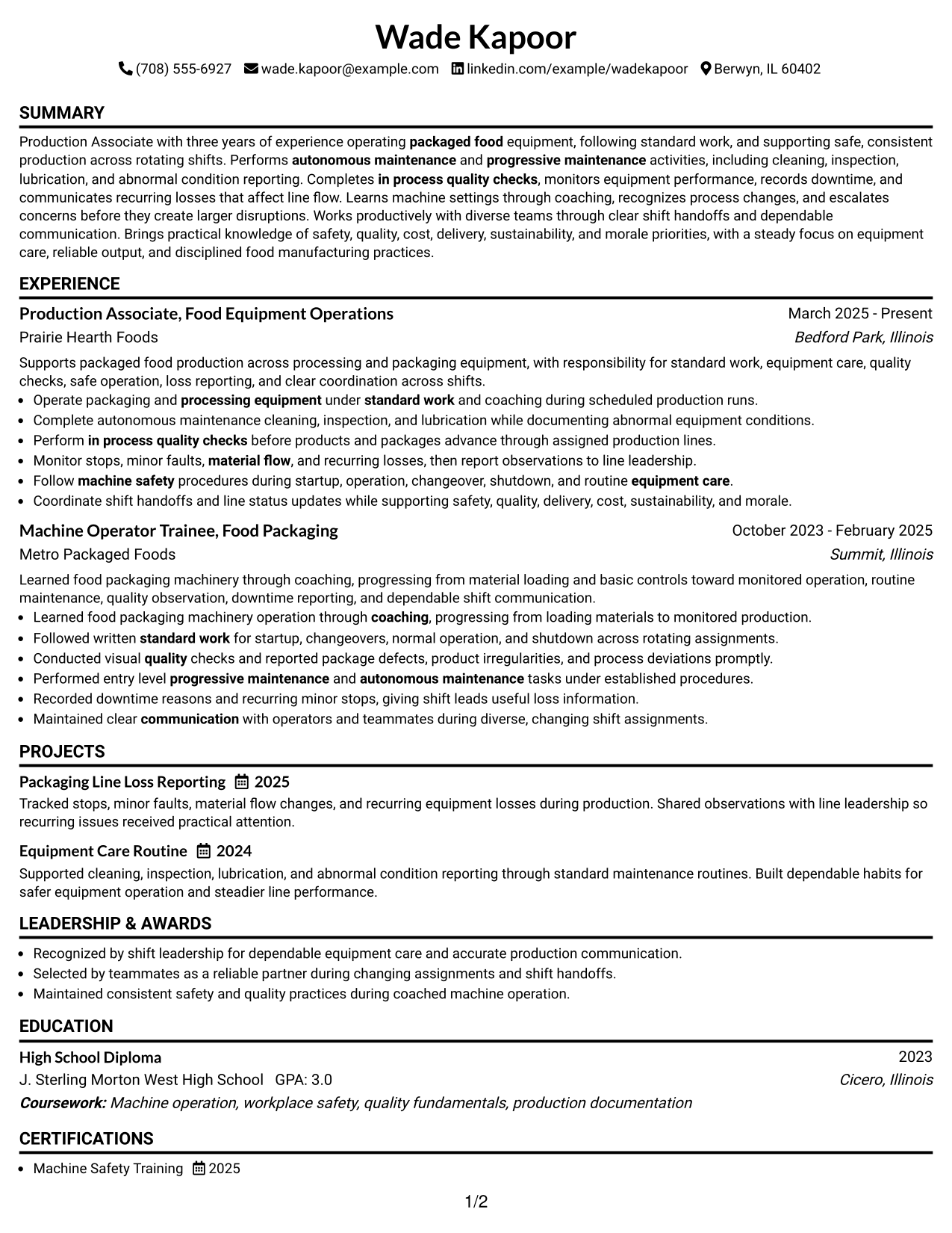 Resume Example Page 1