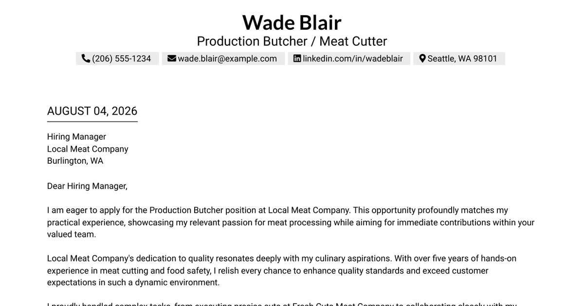 30+ Production Butcher / Meat Cutter Cover Letter Templates with Example 2026