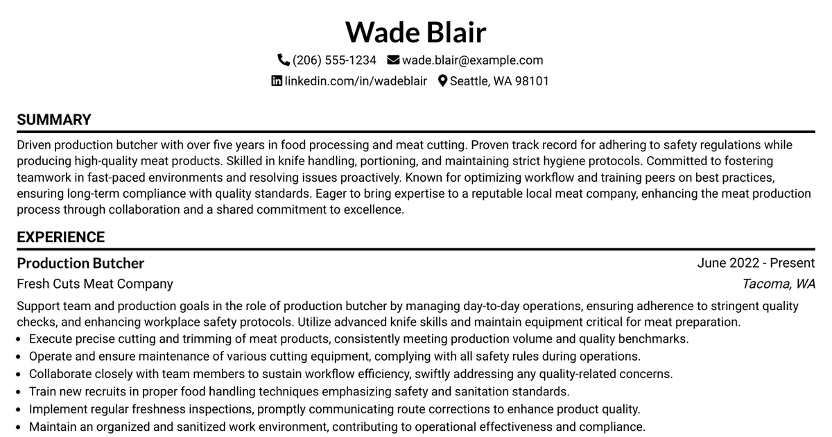 33 Production Butcher / Meat Cutter Resume Templates with Example 2026 (ATS-Optimized)