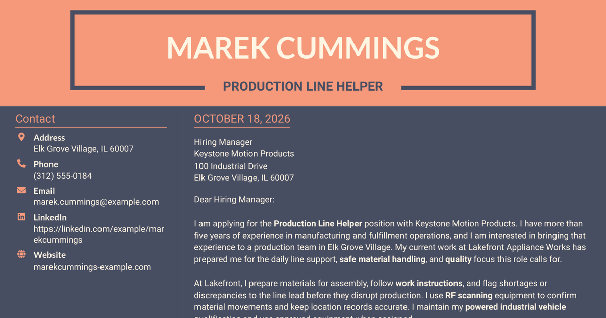 7 Production Line Helper - Manufacturing Cover Letter Templates with Example