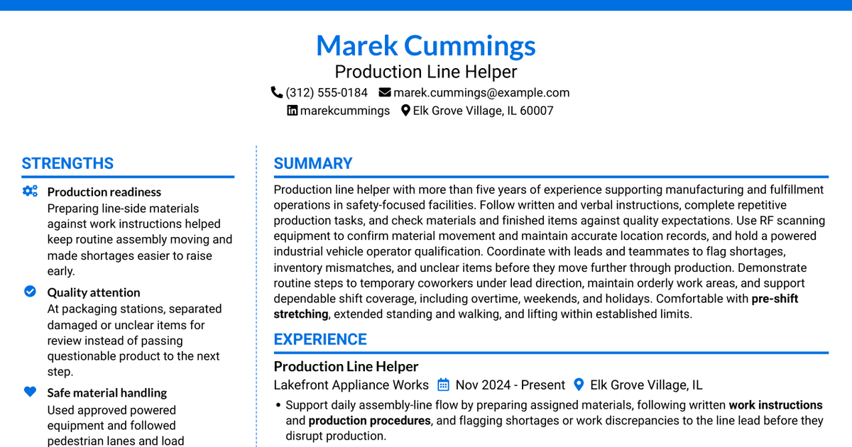 7 Production Line Helper - Manufacturing Resume Templates with Example