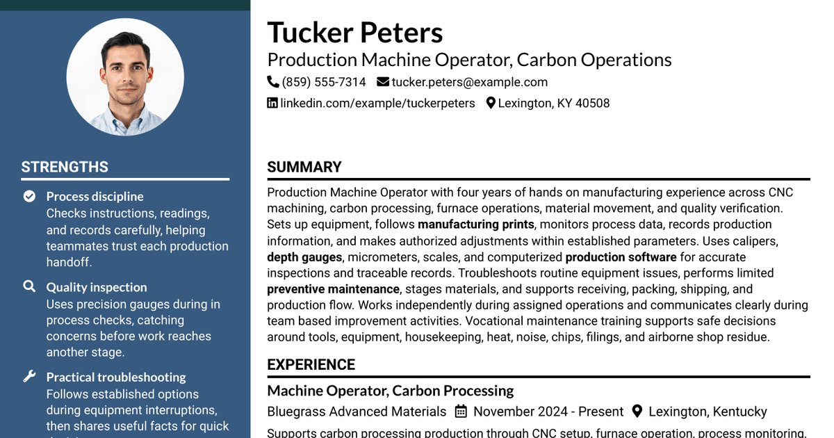 7 Production Machine Operator - Carbon Operations Resume Templates with Example