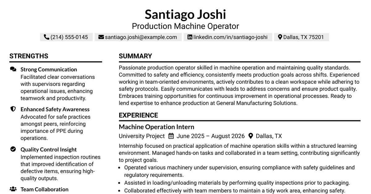 33 Production Machine Operator Resume Templates with Example 2026 (ATS-Optimized)