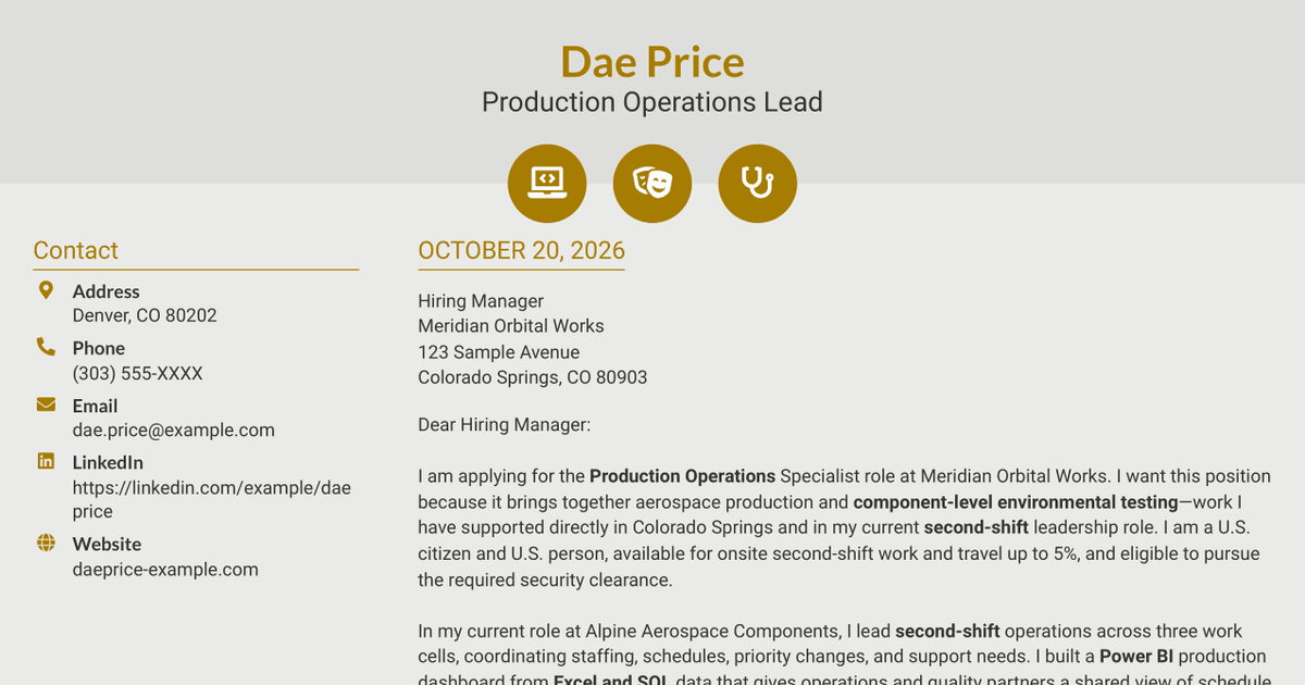 7 Production Operations Specialist - Environmental Testing Cover Letter Templates with Example