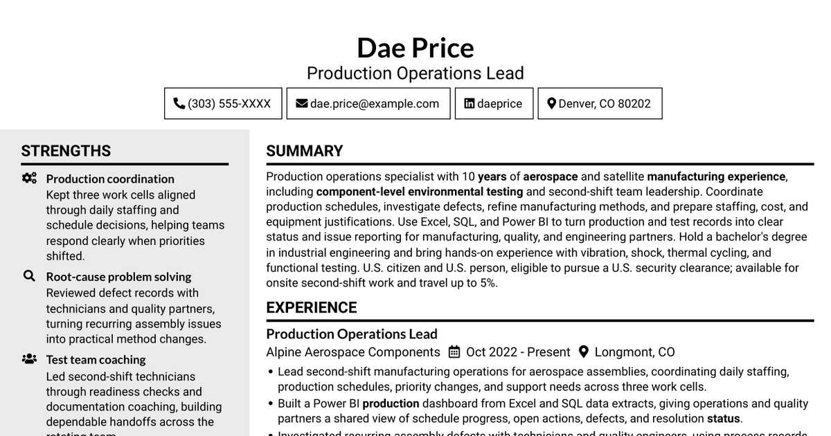 7 Production Operations Specialist - Environmental Testing Resume Templates with Example