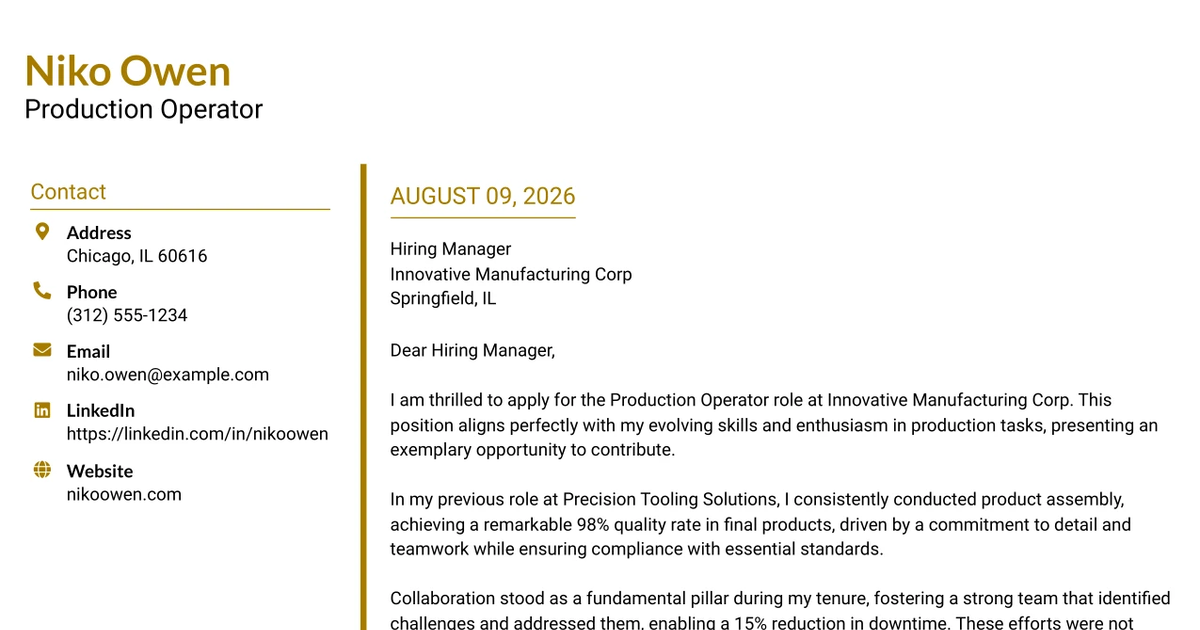 30+ Production Operator Cover Letter Templates with Example 2026
