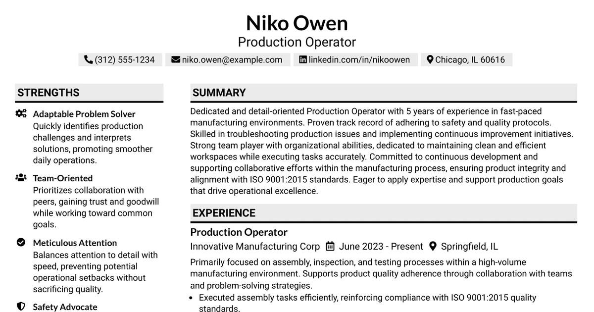 33 Production Operator Resume Templates with Example 2026 (ATS-Optimized)