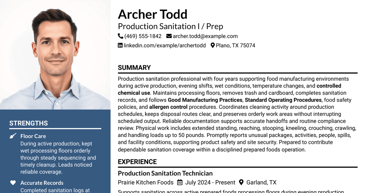 7 Production Sanitation I / Prep Resume Templates with Example