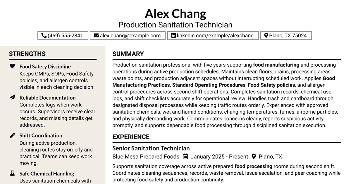 7 Production Sanitation / Processing Resume Templates with Example
