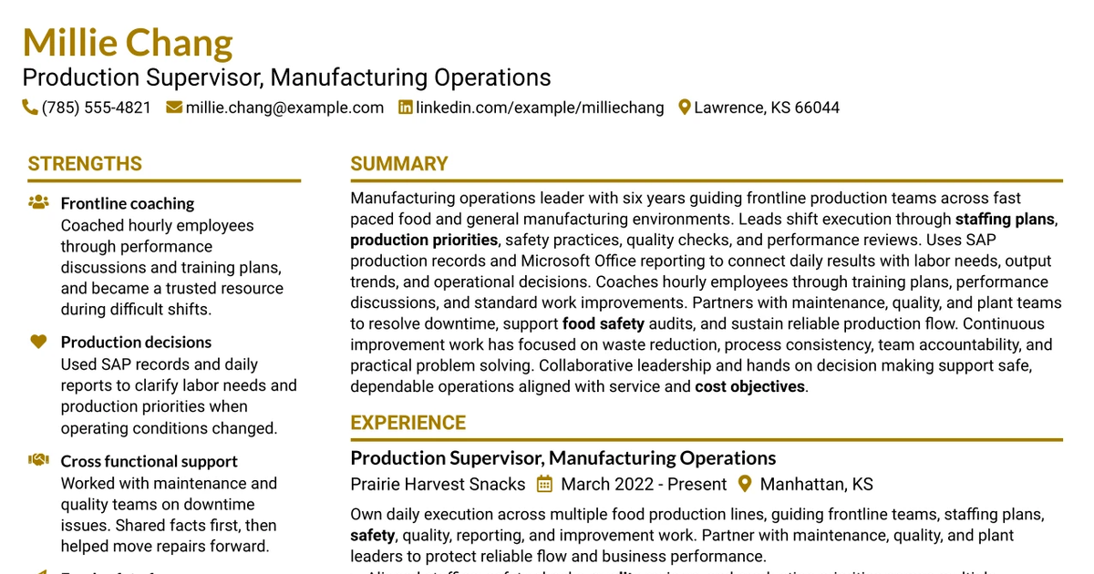 33 Production Supervisor - Manufacturing Operations Resume Templates with Example